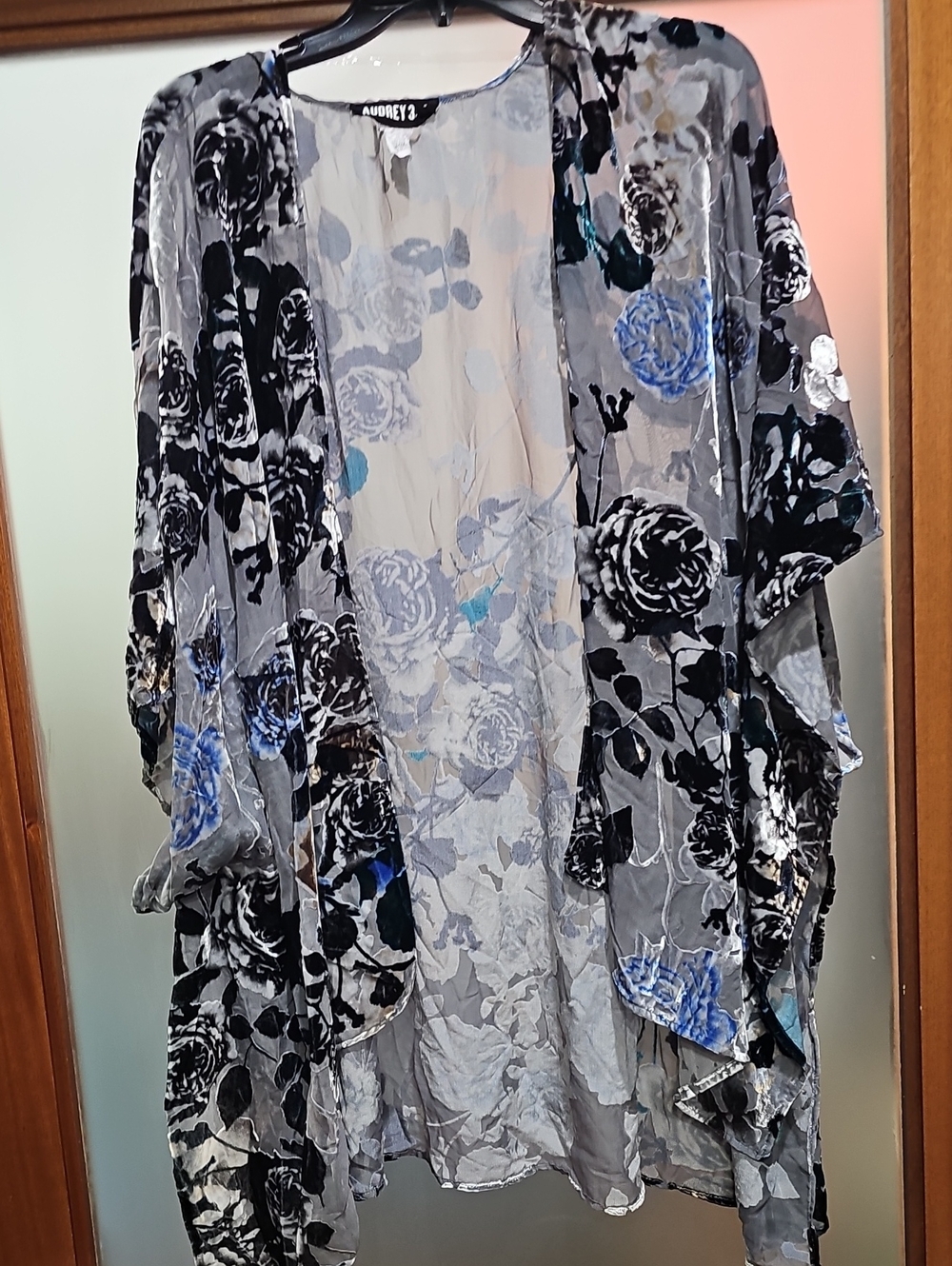 Audrey 3+1 Sheer Floral Kimono in Black and Blue Accents